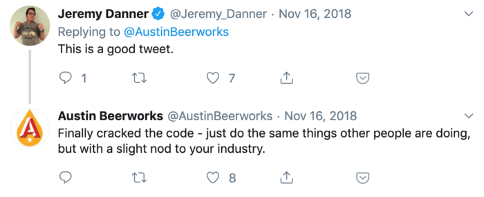 Twitter reply from Austin Beerworks to a complimentary tweet from a fan.