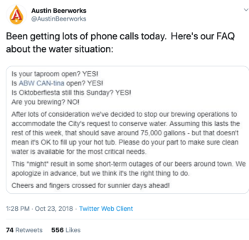 Tweet from Austin Beerworks about their response to a water shortage in Austin